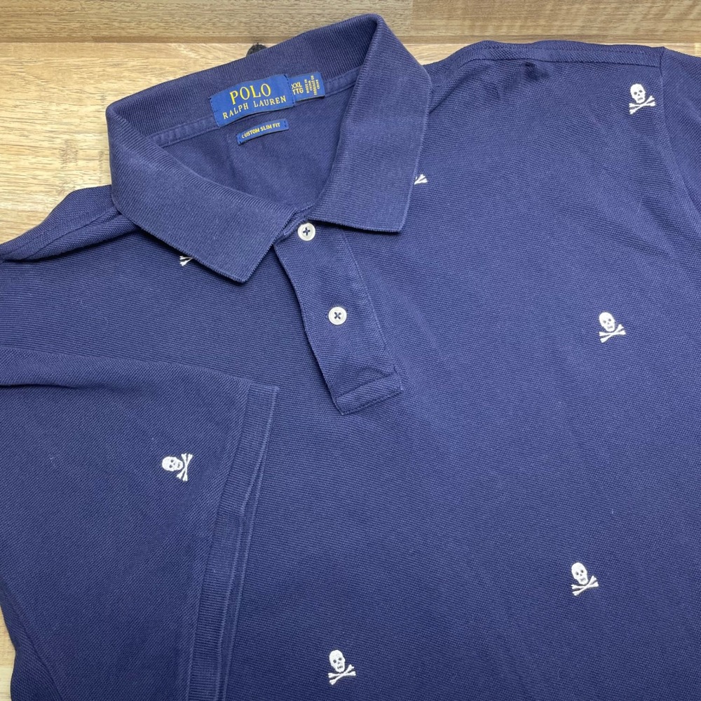Polo Ralph Lauren Skull Crossbones Custom Slim Fit Polo Shirt Mens XXL Navy Blue
